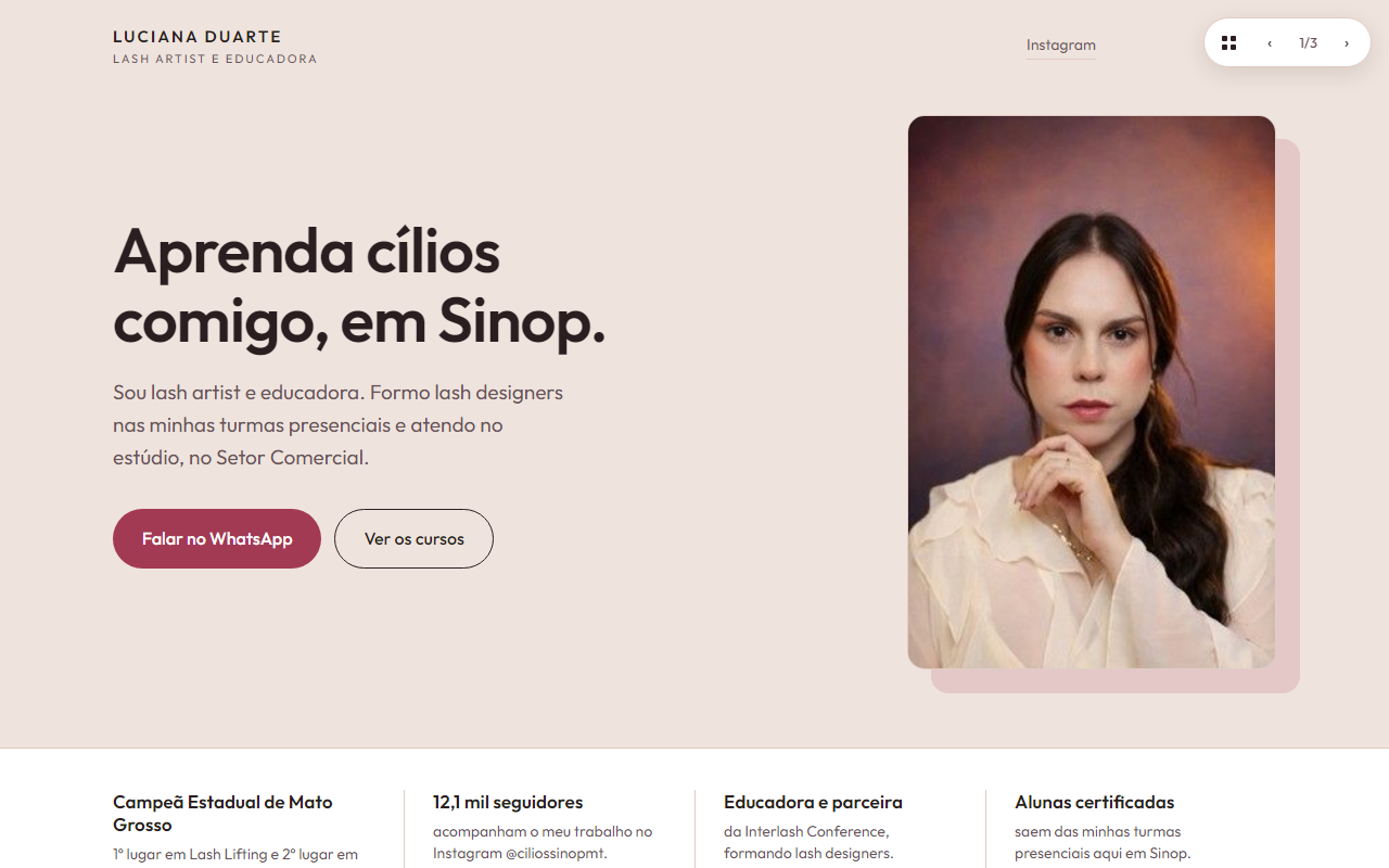 Miniatura da proposta 1: página em tons de creme e rosé com retrato de Luciana ao lado do título