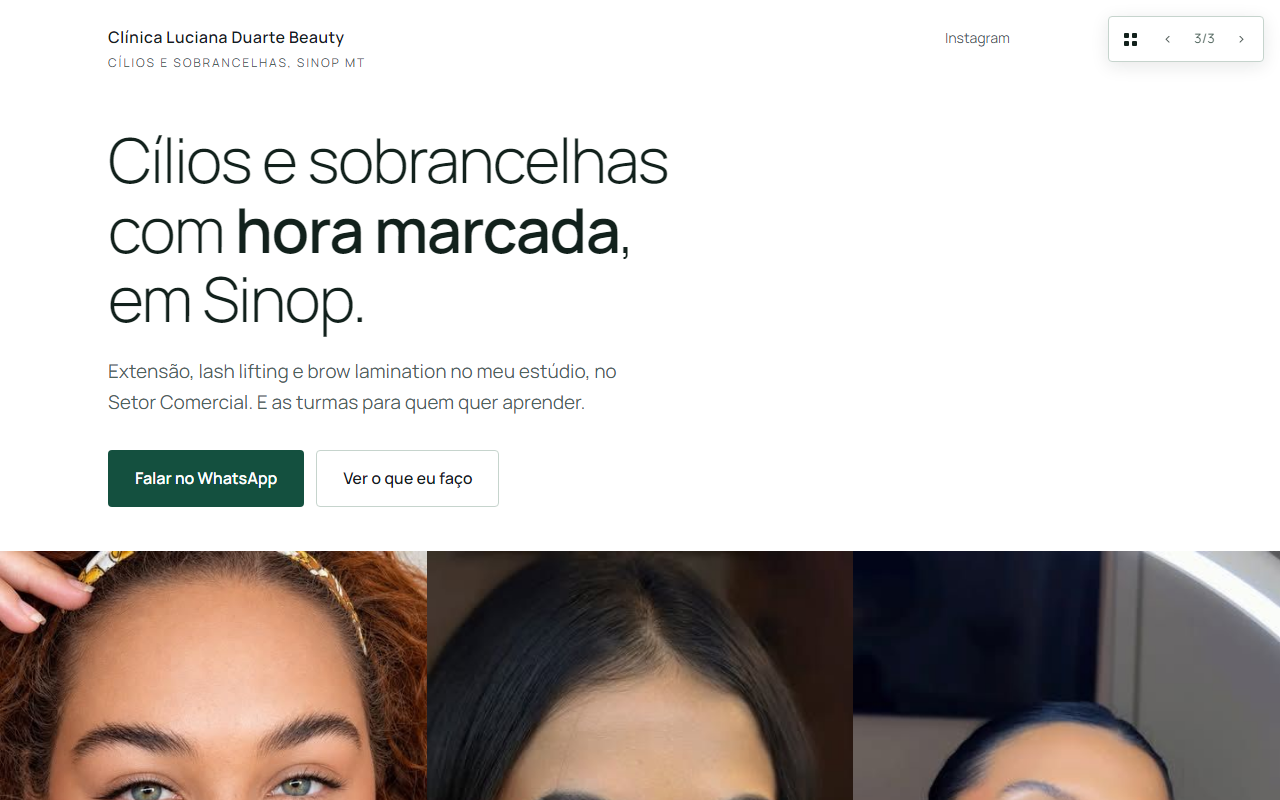 Miniatura da proposta 3: página branca minimalista com faixa de três fotos de resultado ocupando a largura toda